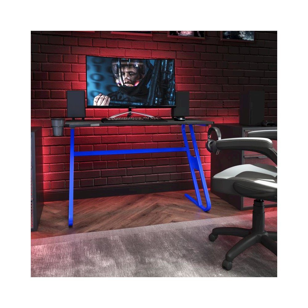 Blue Gaming Ergonomic Desk with Cup Holder and Headphone Hook. Picture 2