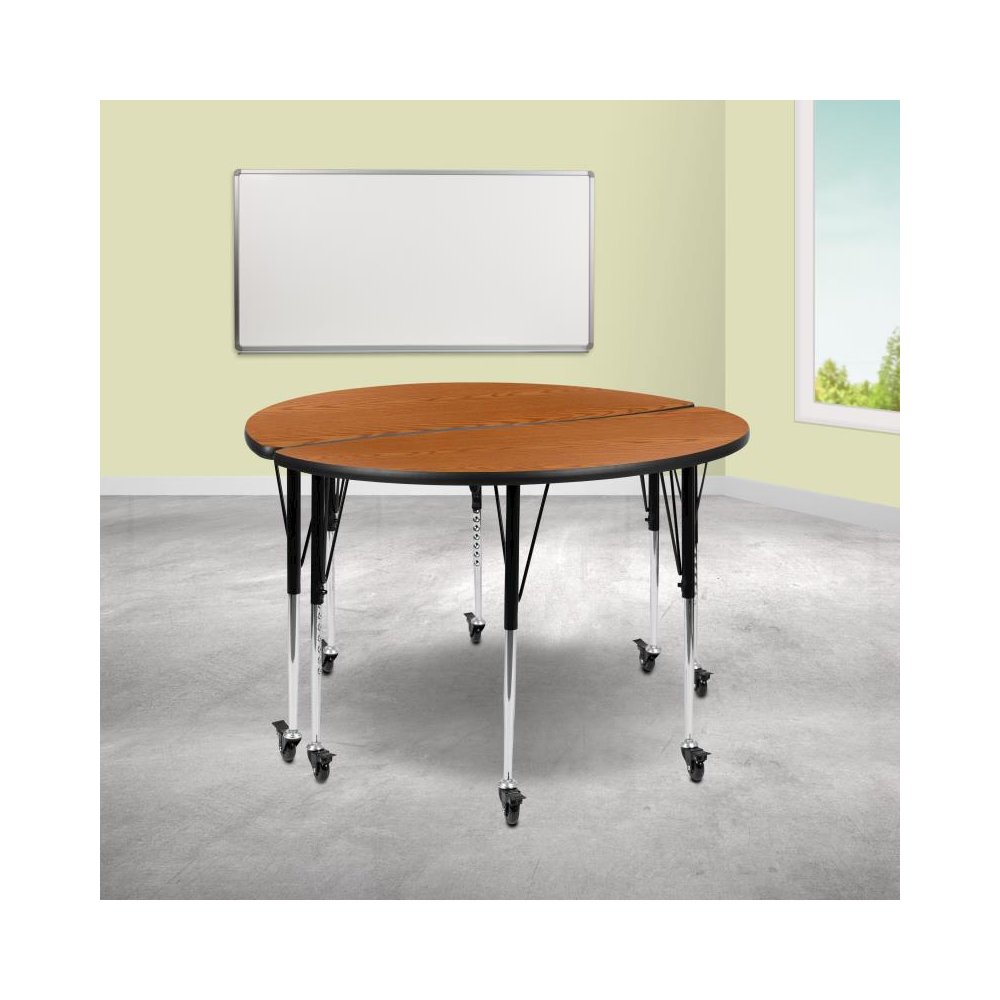 2 Piece Mobile 47.5" Circle Wave Flexible Oak Thermal Laminate Adjustable Activity Table Set. Picture 2