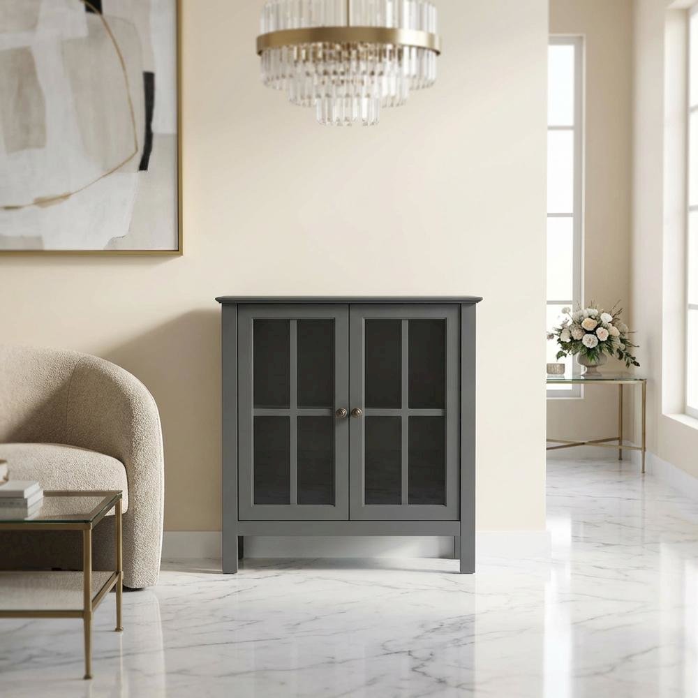 Dark Gray Glass Door Accent Cabinet with Fiberboard Construction. Picture 2