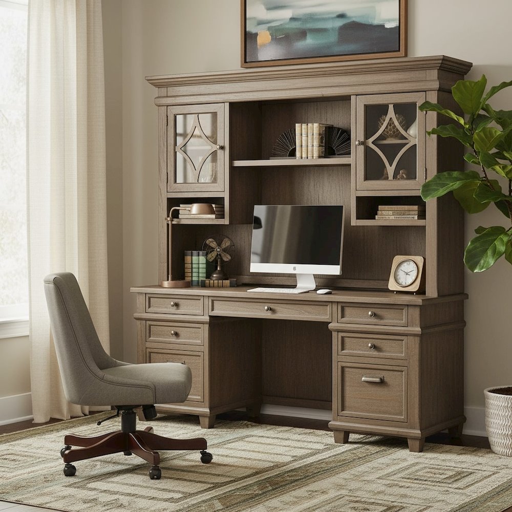 Wood Credenza Desk, 4 Drawers, File Drawer, Printer Tray, Power Center, Gray. Picture 2
