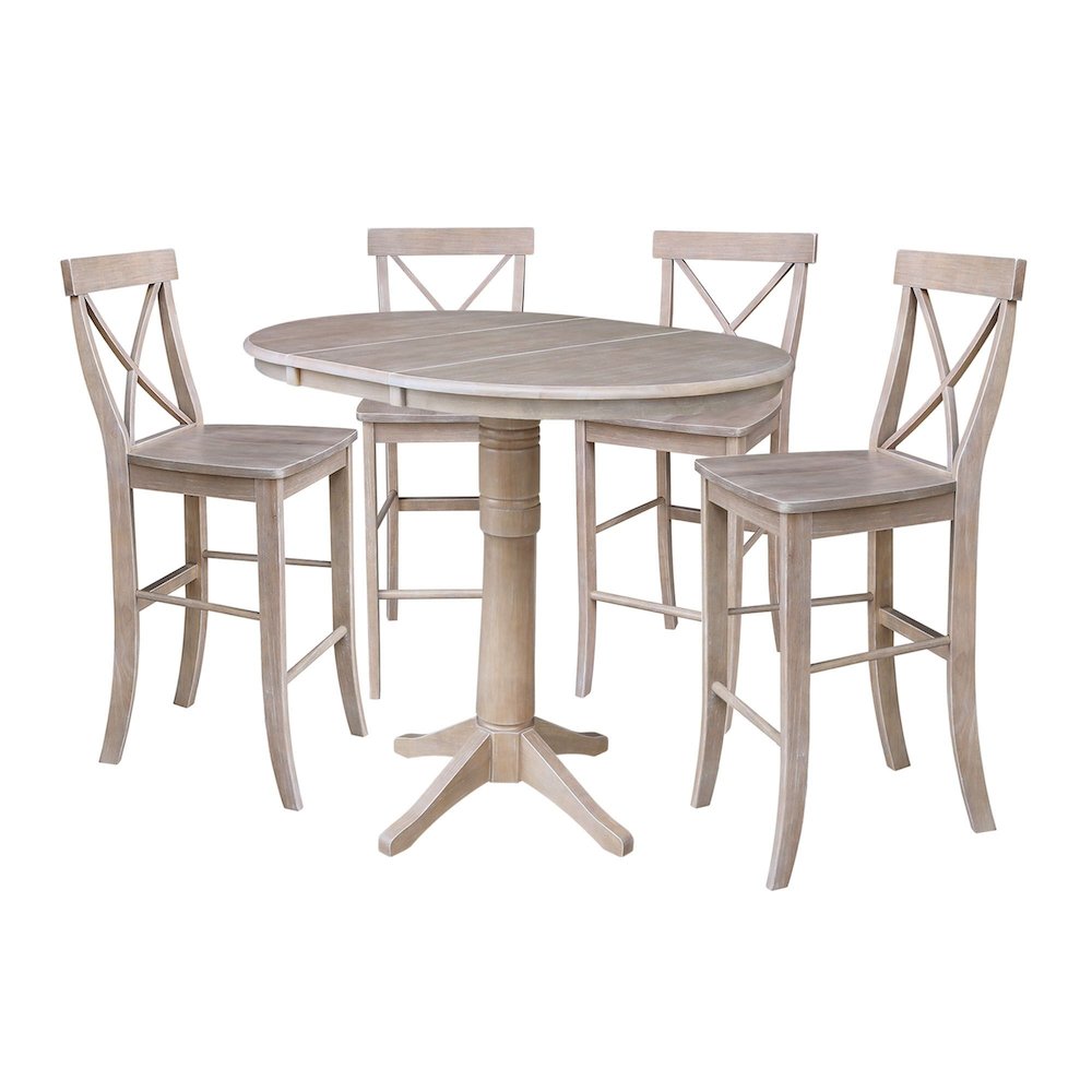 36" Round Extension Dining Table with Four Bar Height Stools, Washed Gary Taupe- 683826. Picture 1