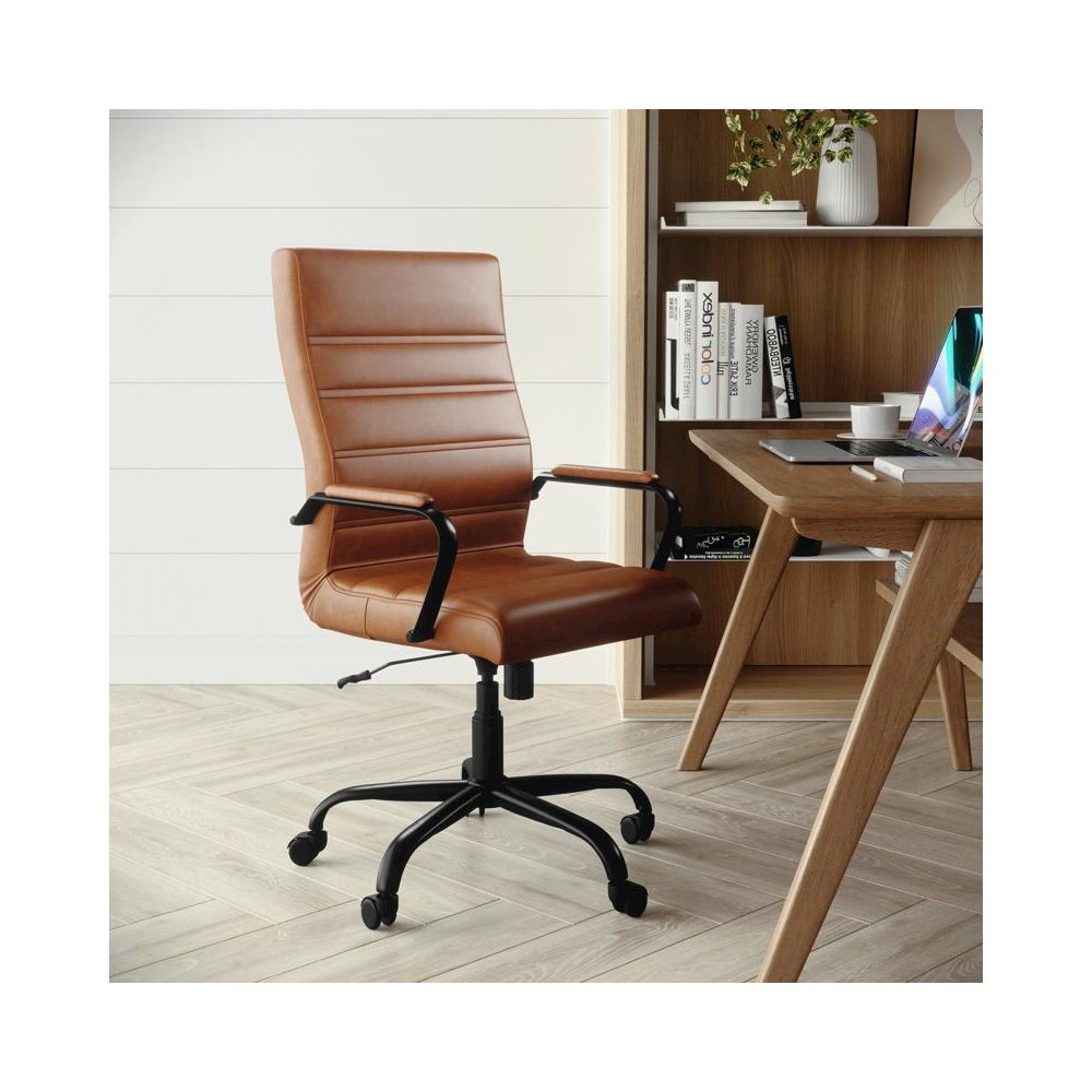 High Back Brown LeatherSoft Executive Swivel Office Chair with Black Frame and Arms. Picture 2