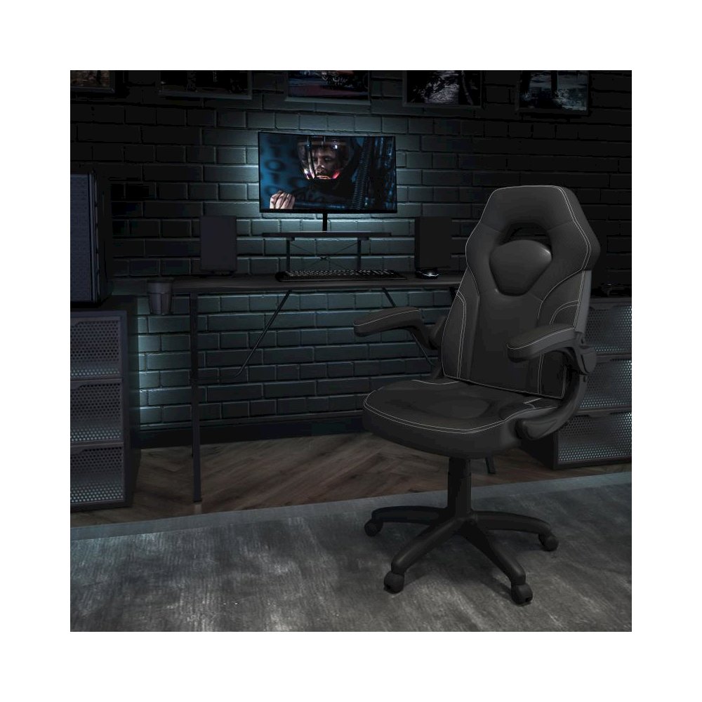 Black Gaming Desk and Black Racing Chair Set with Cup Holder, Headphone Hook, and Monitor/Smartphone Stand. Picture 2