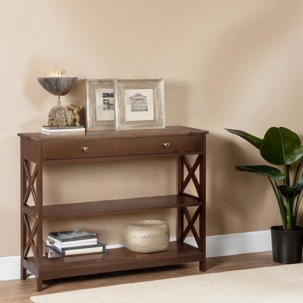 Brown Console Table with 1 Drawer and Shelves, MDF Construction for Storage. Picture 3