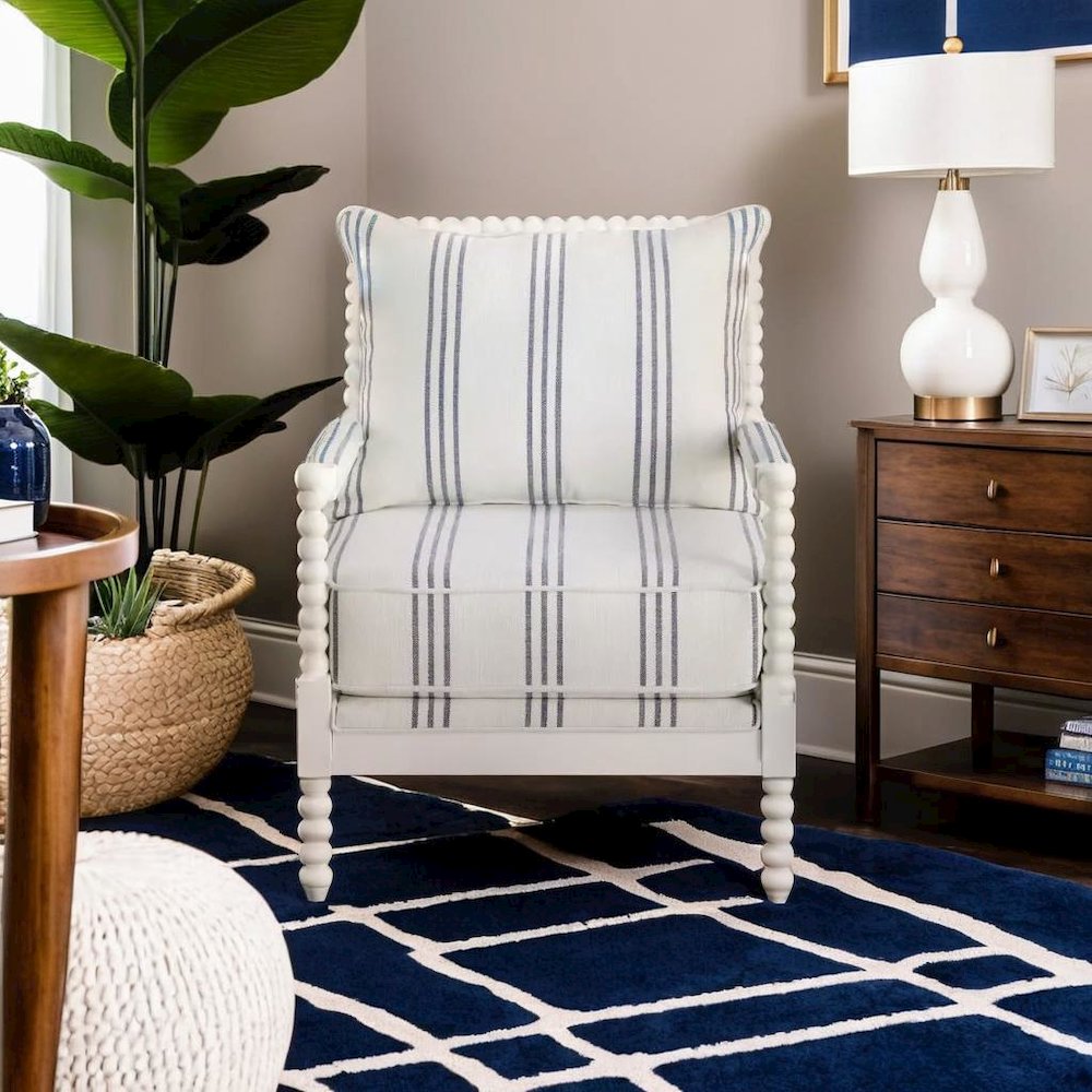 White Upholstered Accent Chair with Navy Spindle Accents for Modern Decor. Picture 4
