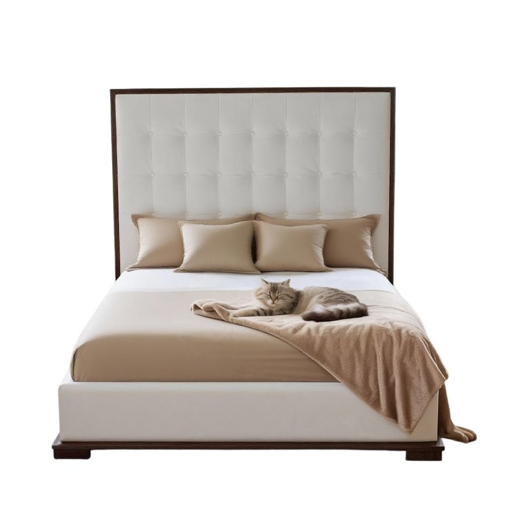 California King Bed Frame, White Faux Leather Low Profile Bed With Walnut. Picture 1