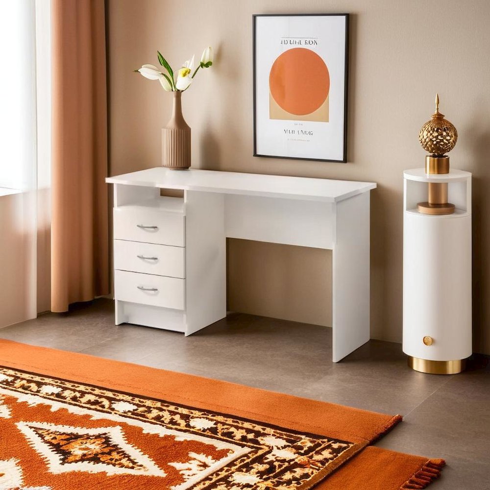 Sleek White Computer Desk with Three Drawers and Open Shelf for Storage. Picture 6