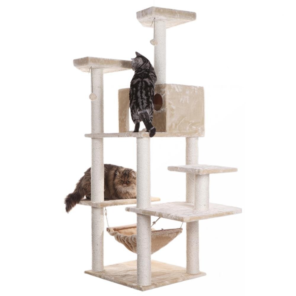 72" Beige Real Wood Cat Tree With Spacious Condo, Sratching Post. Picture 1
