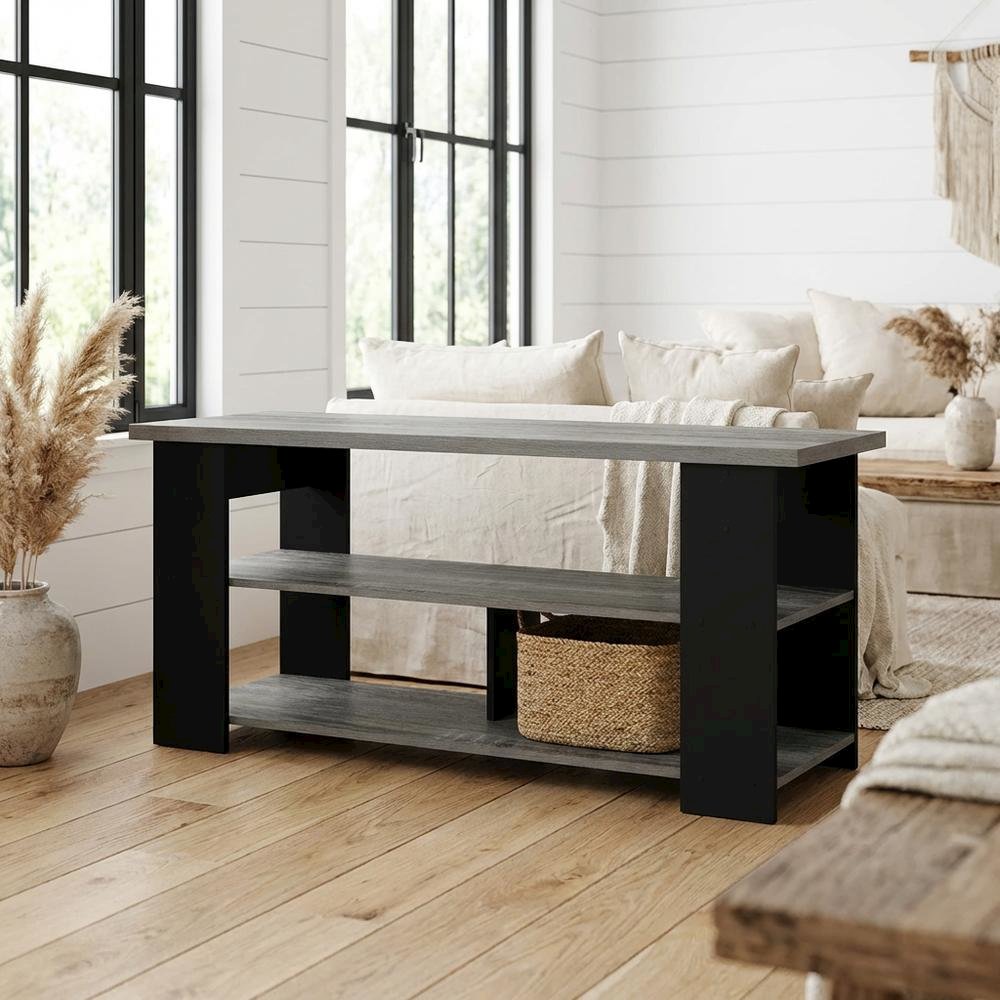 Wooden TV stand, up to 50-inch screens, modern French oak grey, black finish. Picture 2