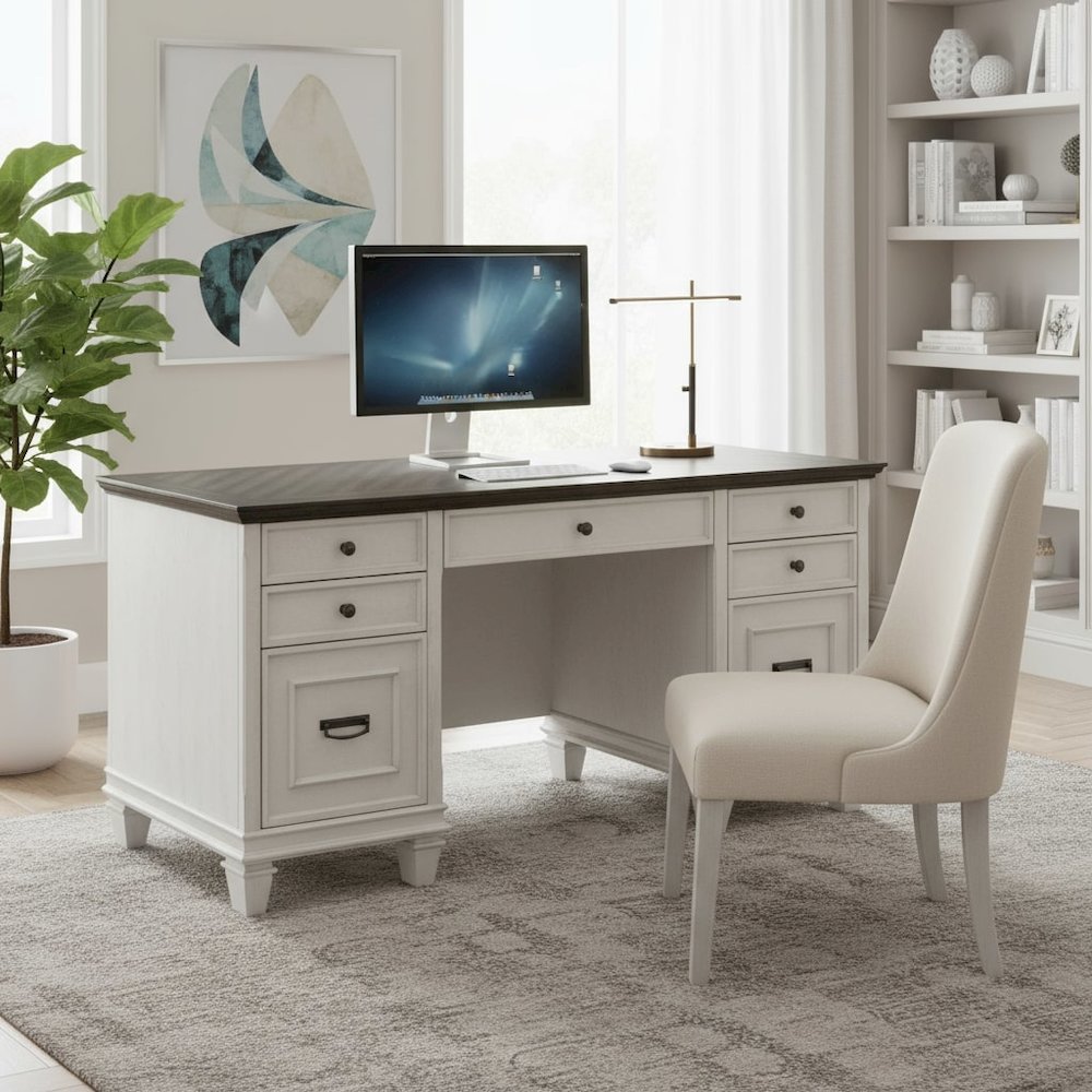 Wood Credenza, 4 Drawers, Printer Pullout, Power Center, White. Picture 3