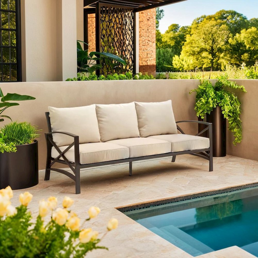 Stylish Outdoor Metal Sofa in Oatmeal and Oil Rubbed Bronze Finish. Picture 5