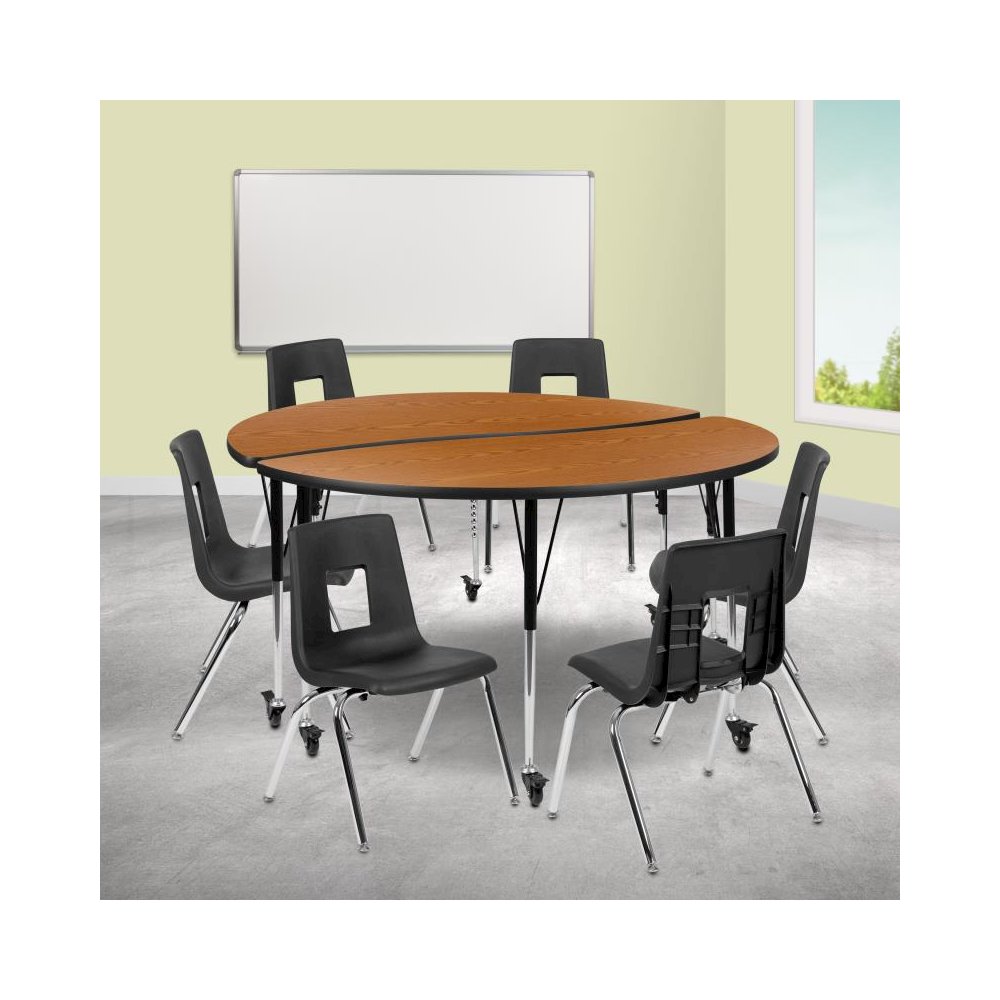 Mobile 60" Circle Wave Flexible Laminate Activity Table Set with 18" Student Stack Chairs, Oak/Black. Picture 2