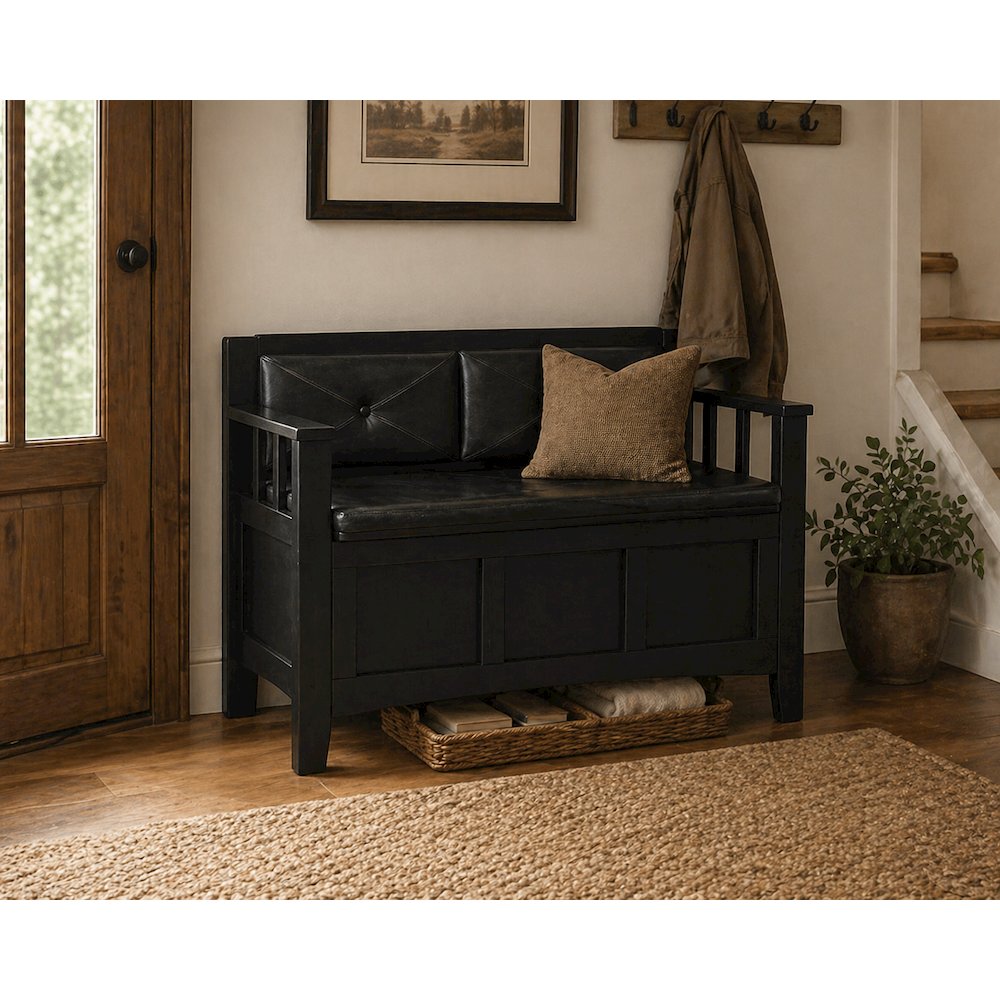 Padded Bench in Black Faux Leather with Wooden Frame and Cushioned Seat. Picture 6