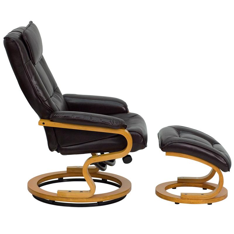 Adjustable Recliner and Ottoman with Swivel Maple Wood Base in Brown LeatherSoft. Picture 2