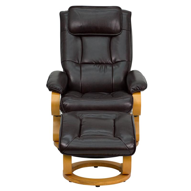 Adjustable Recliner and Ottoman with Swivel Maple Wood Base in Brown LeatherSoft. Picture 4