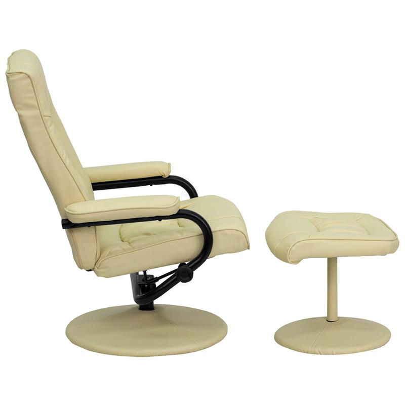 Recliner and Ottoman with Wrapped Base in Cream LeatherSoft. Picture 3