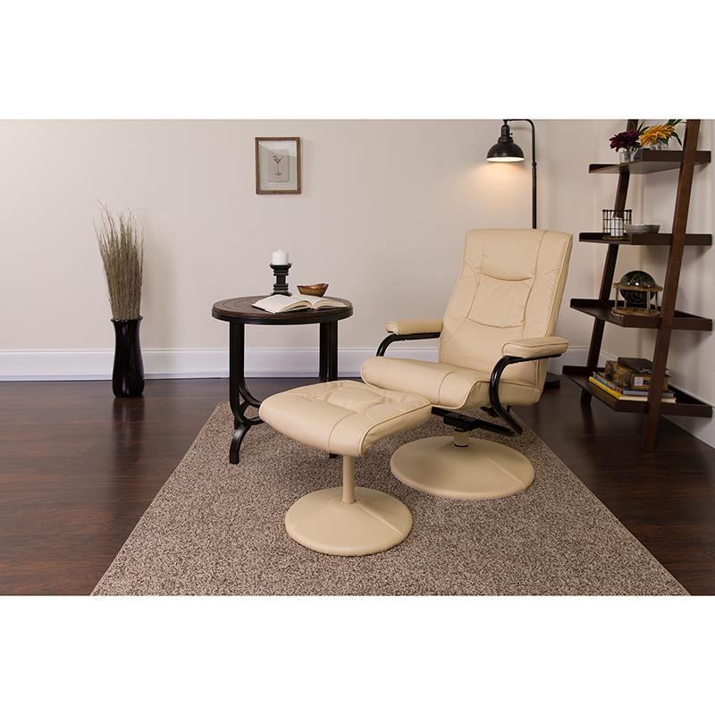Recliner and Ottoman with Wrapped Base in Cream LeatherSoft. Picture 2