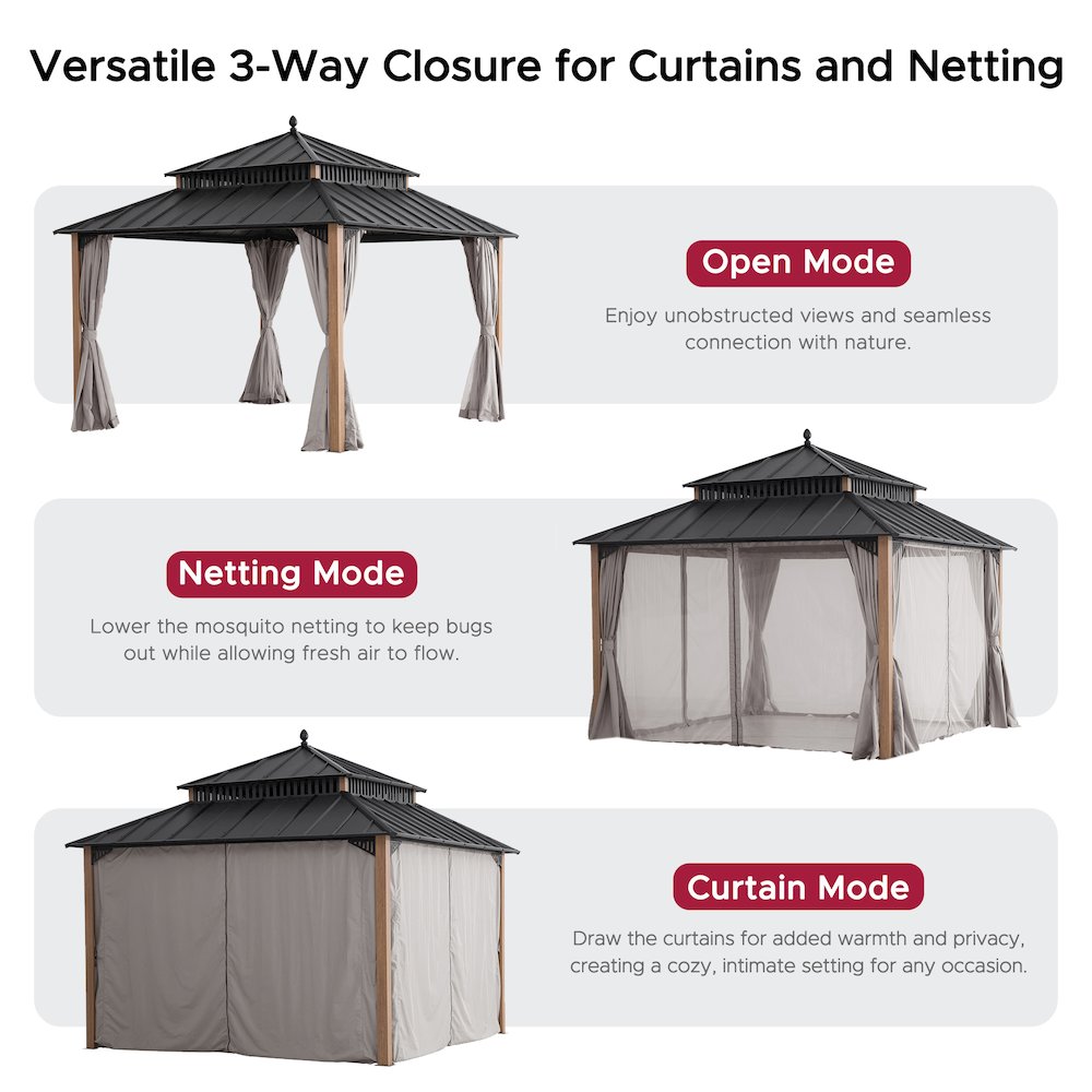12 ft x 12 ft Aluminum Frame Steel Double Roof Hardtop Rectangular Gazebo. Picture 6