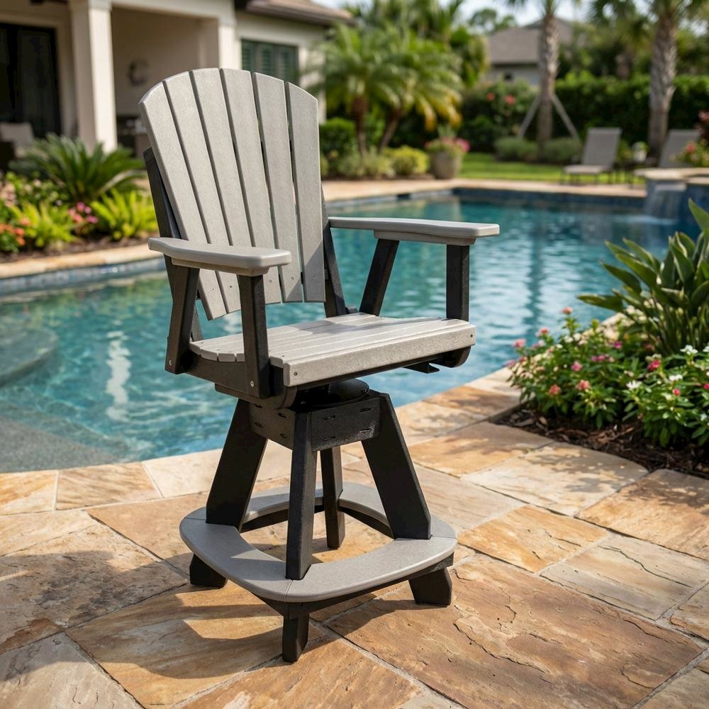 Outdoor Dining Chair With Swivel Arm And Light Gray Finish On Black Base. Picture 3