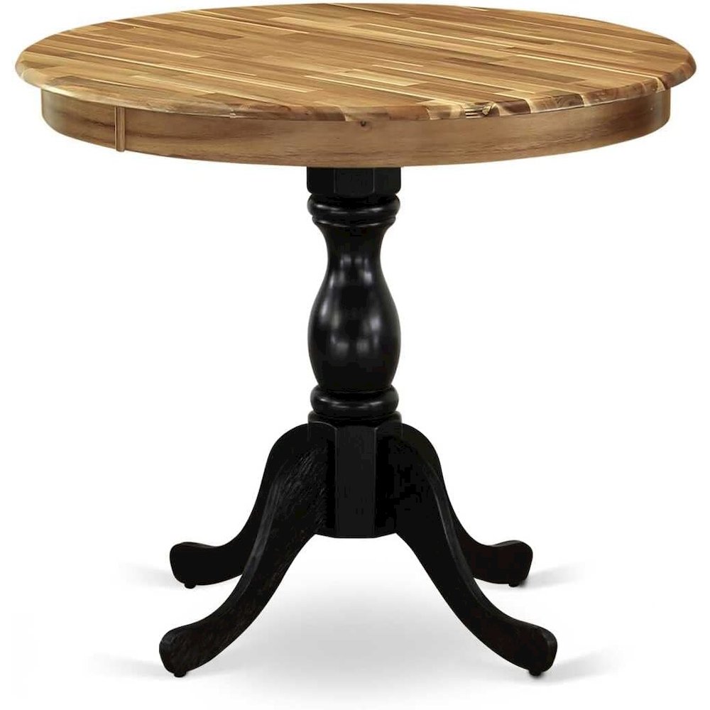 East West Furniture Antique 36" Round Dining Room Table for Compact Space - Natural Top & Black Pedestal. Picture 1