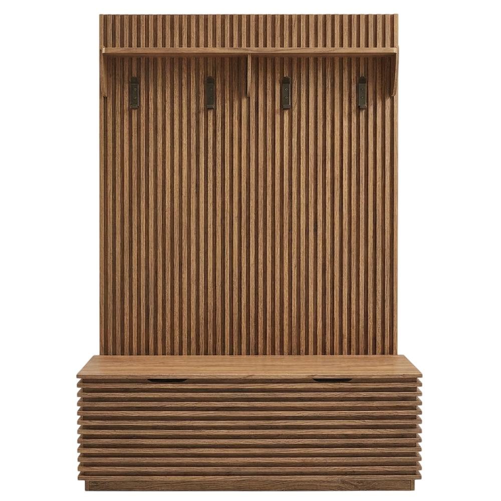 Fluted Hall Tree with Storage Bench, Coat Rack & Shoe Storage, Entryway, Walnut. Picture 5