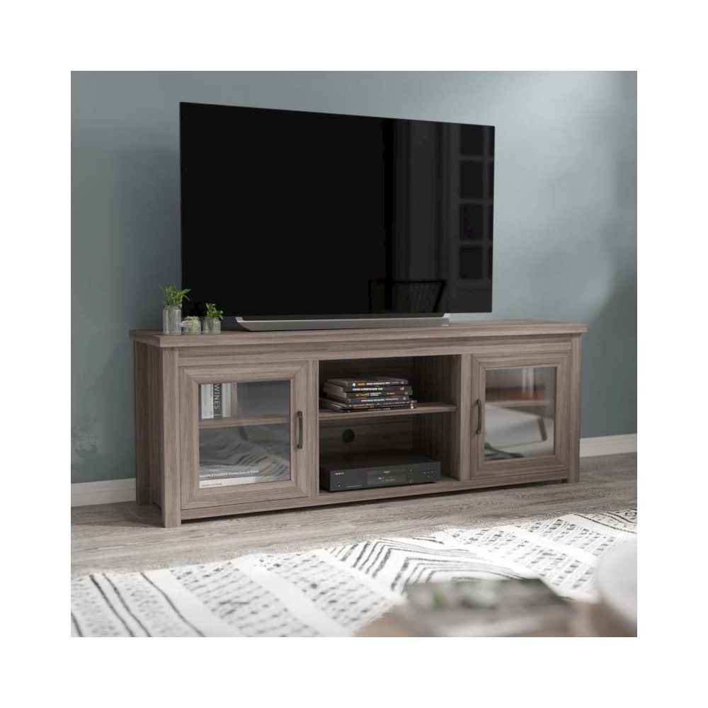 Classic TV Stand up to 80" TVs - Gray Wash Oak Finish with Full Glass Doors  - 65" Engineered Wood Frame - 3 Shelves. Picture 2