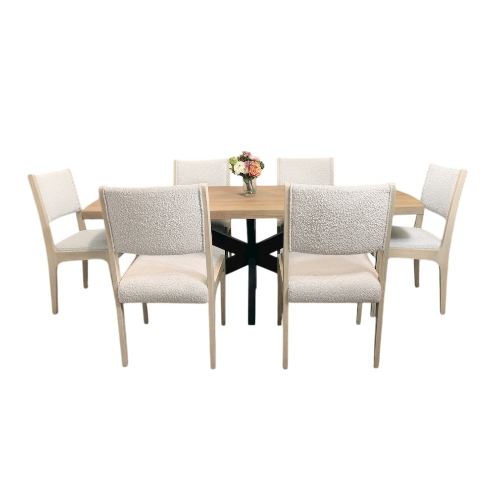 Logan 82" Dining Table, with 6 Ash Ivory Boucle Dining Chairs. Picture 1