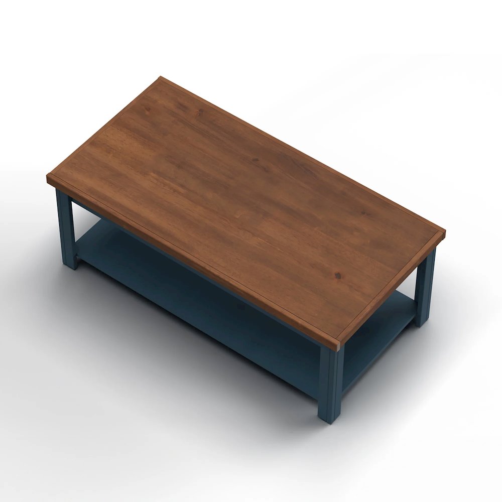 Blue Denim and Whiskey Brown Finish Open Storage Coffee Table. Picture 3