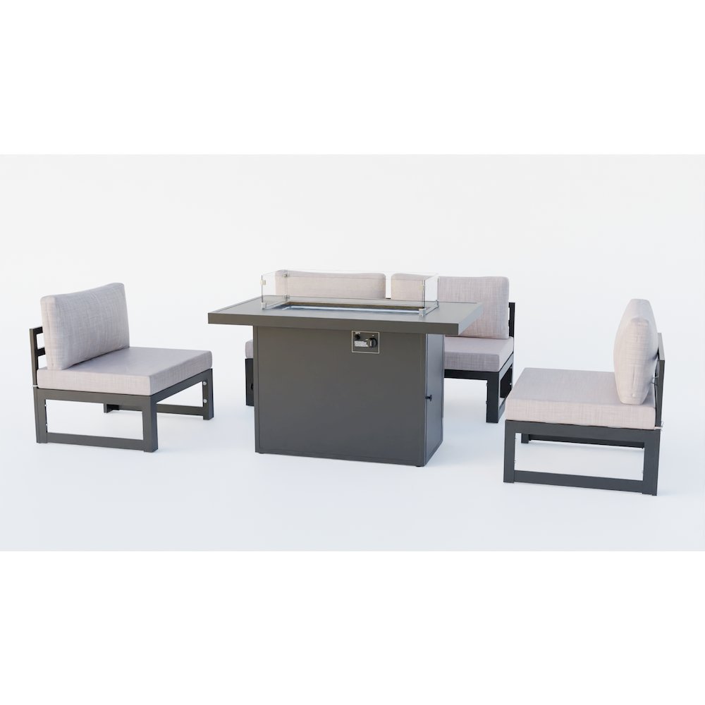 LeisureMod Chelsea 5-Piece Middle Patio Chairs and Fire Pit Table Set With Cushions, Beige. Picture 5