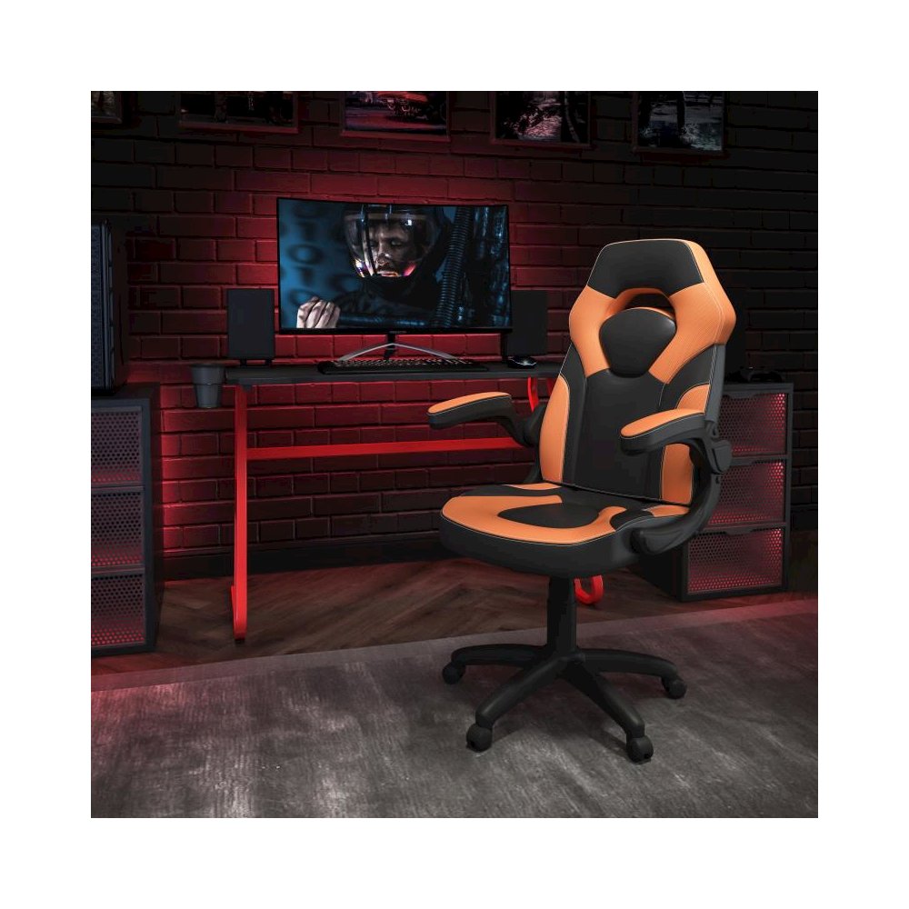 Red Gaming Desk and Orange/Black Racing Chair Set with Cup Holder and Headphone Hook. Picture 2