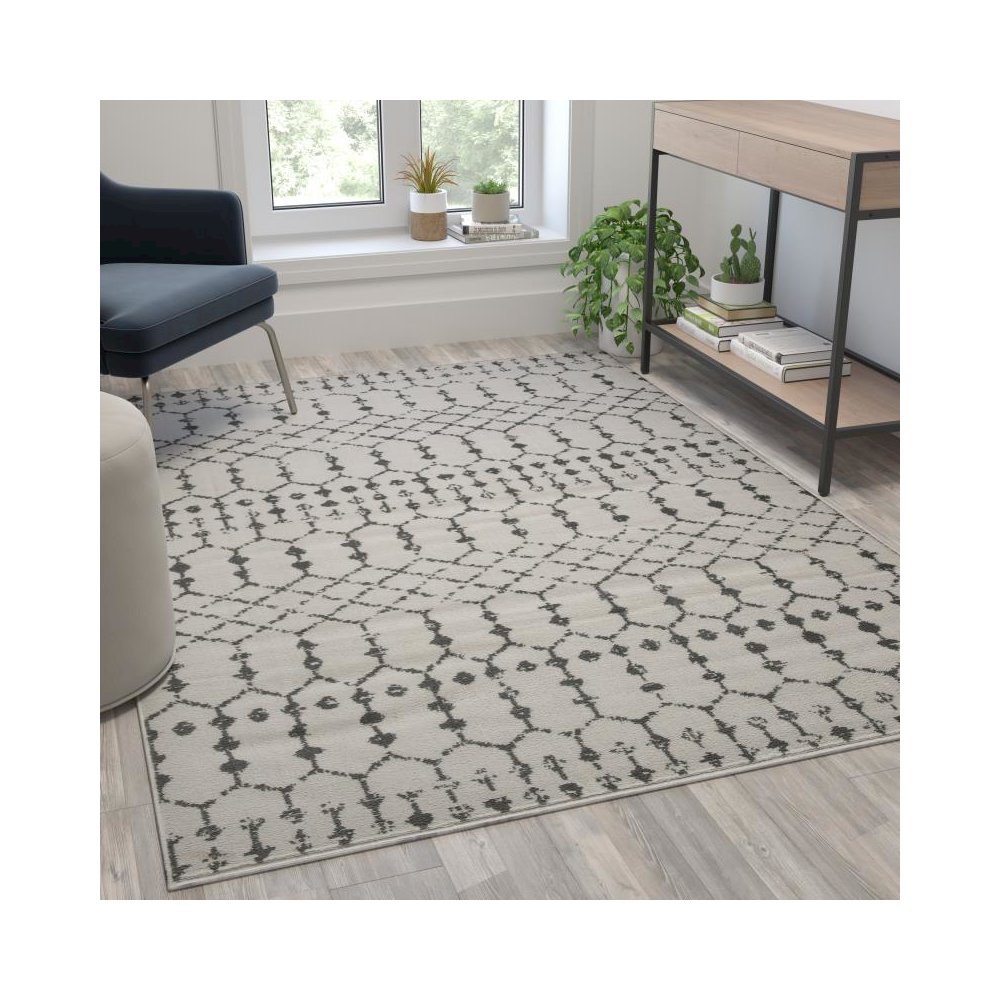 Geometric Bohemian Low Pile Rug - 5' x 7' -Ivory/Gray Polyester. Picture 2
