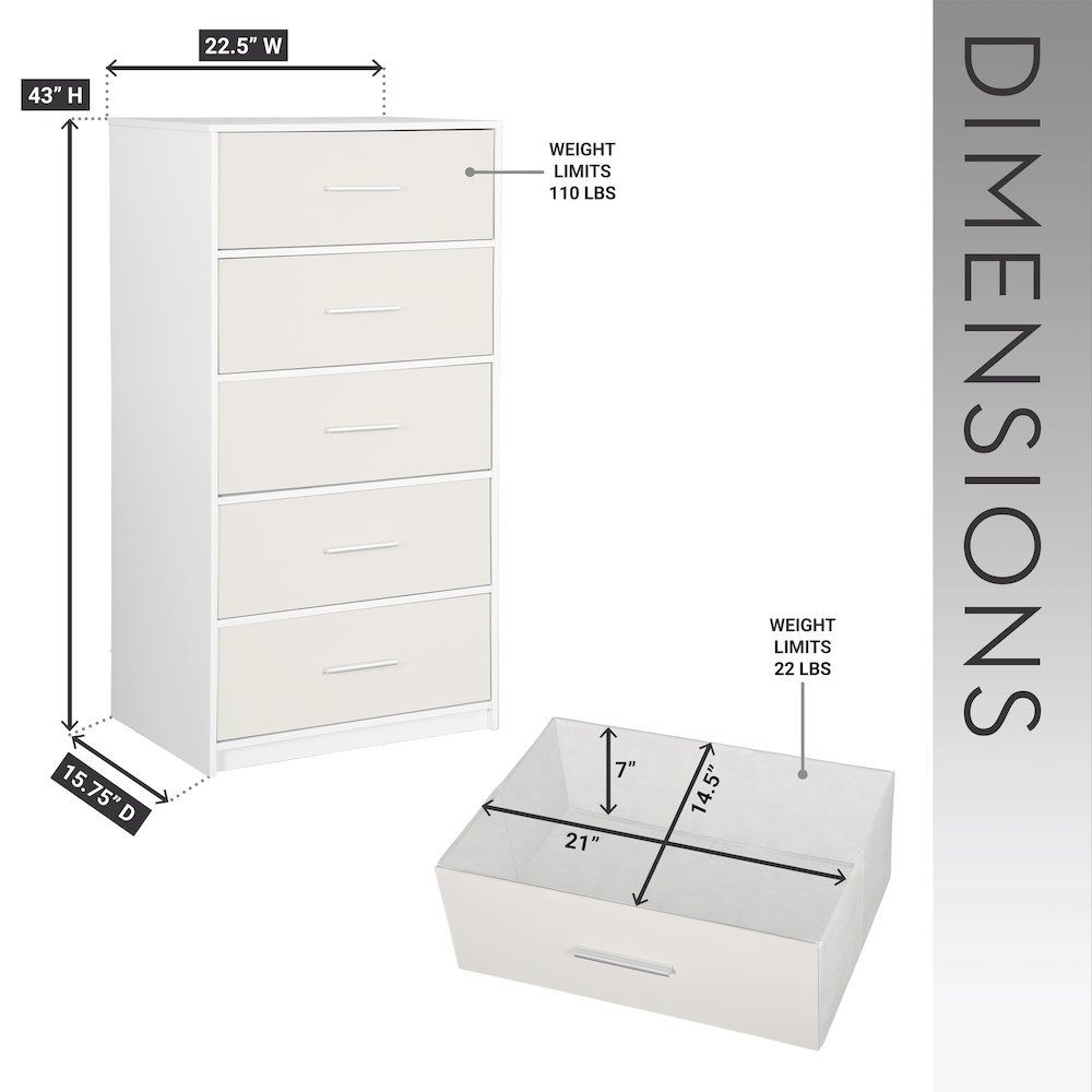 5-Drawer Dresser with Large Fabric Drawers, White. Picture 11