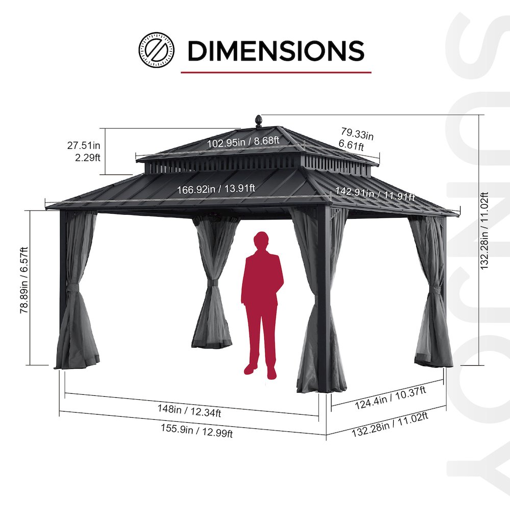 14 ft x 12 ft Aluminum Frame Steel Double Roof Hardtop Rectangular Gazebo, Grey. Picture 7