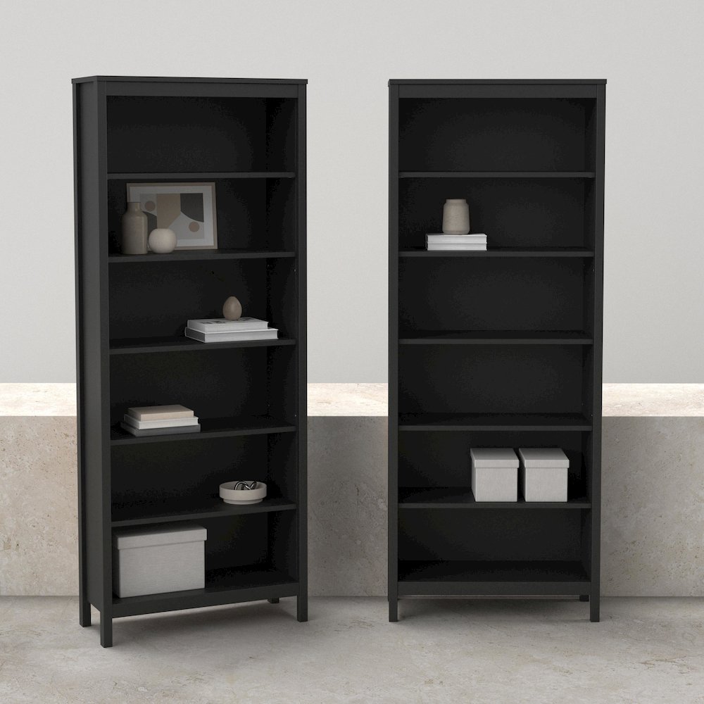 Madrid 2-Piece Tall Bookcase Set for Full Wall Storage, Matte Black. Picture 3