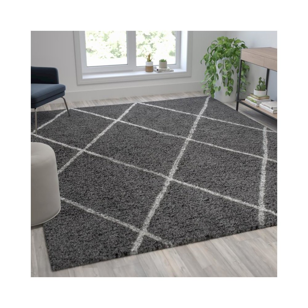Shag Style Diamond Trellis Area Rug - 8' x 10' - Charcoal/Ivory Polyester (PET). Picture 2