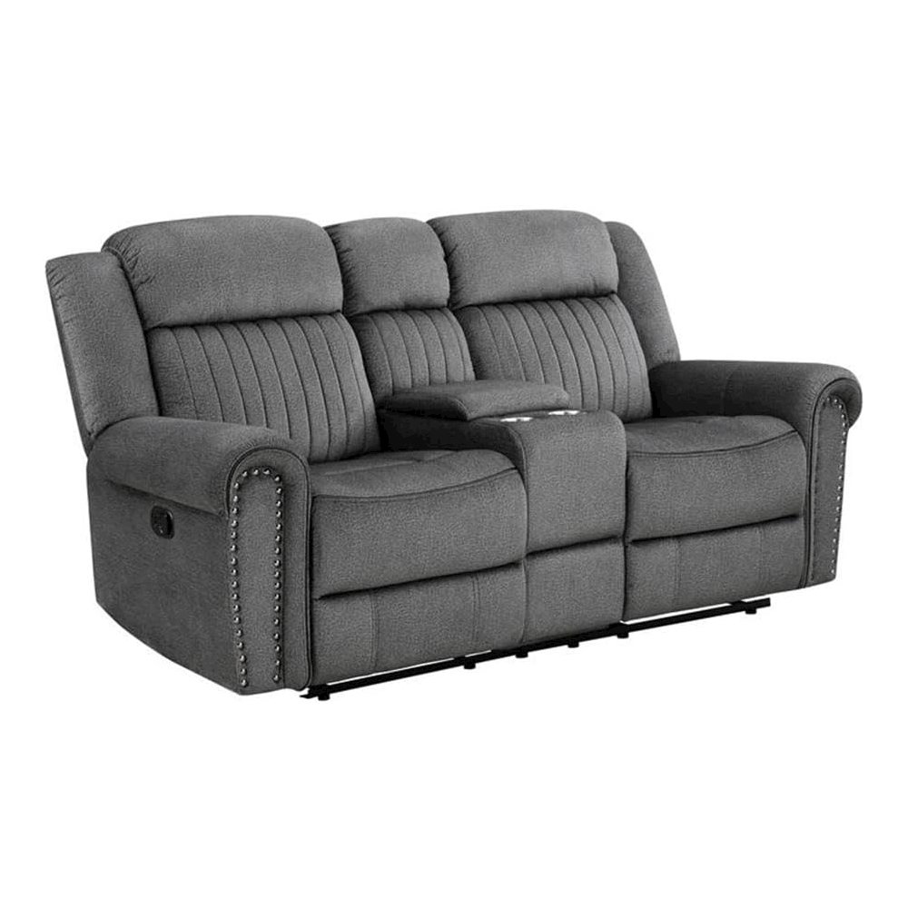 Brennen Microfiber Double Reclining Love Seat With Center Console In Charcoal. Picture 1
