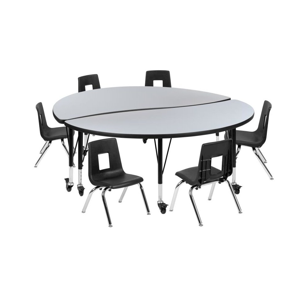 60" Circle Wave Flexible Laminate Activity Table Set with 16" Student Stack Chairs, Grey/Black. Picture 1