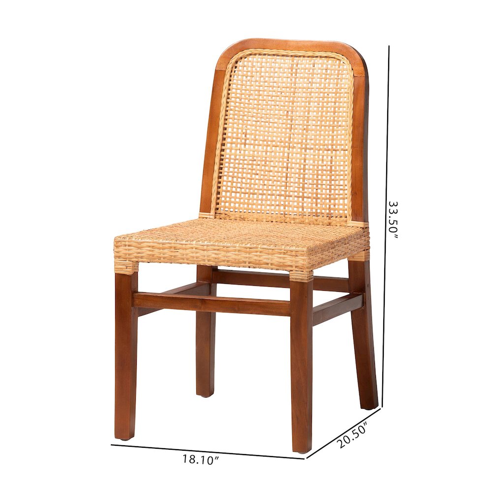 Walnut Brown Mahogany Wood and Natural Rattan 2-Piece Dining Chair Set. Picture 6