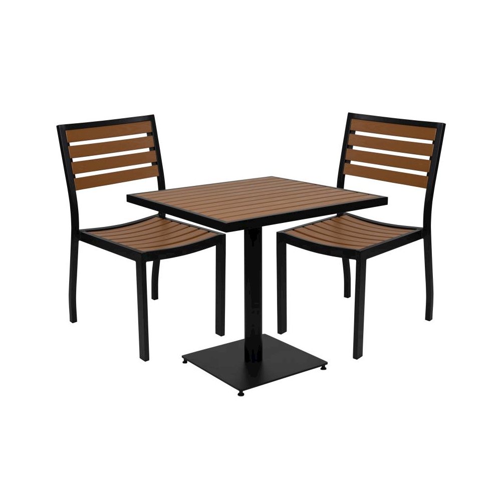 Outdoor Patio Bistro Dining Table Set with 2 Chairs and Faux Teak Poly Slats. Picture 1