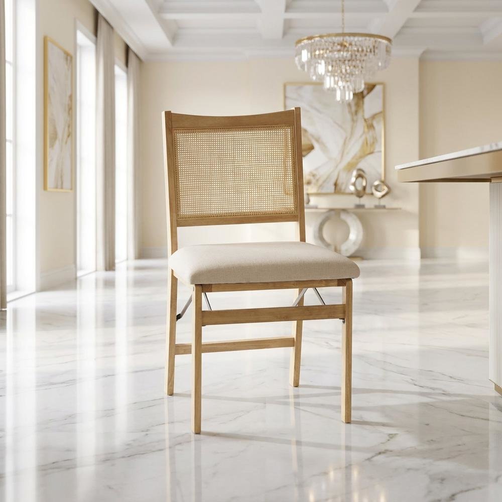 Beige Rattan Cane Folding Dining Side Chair with Polyester Fabric Seat. Picture 2