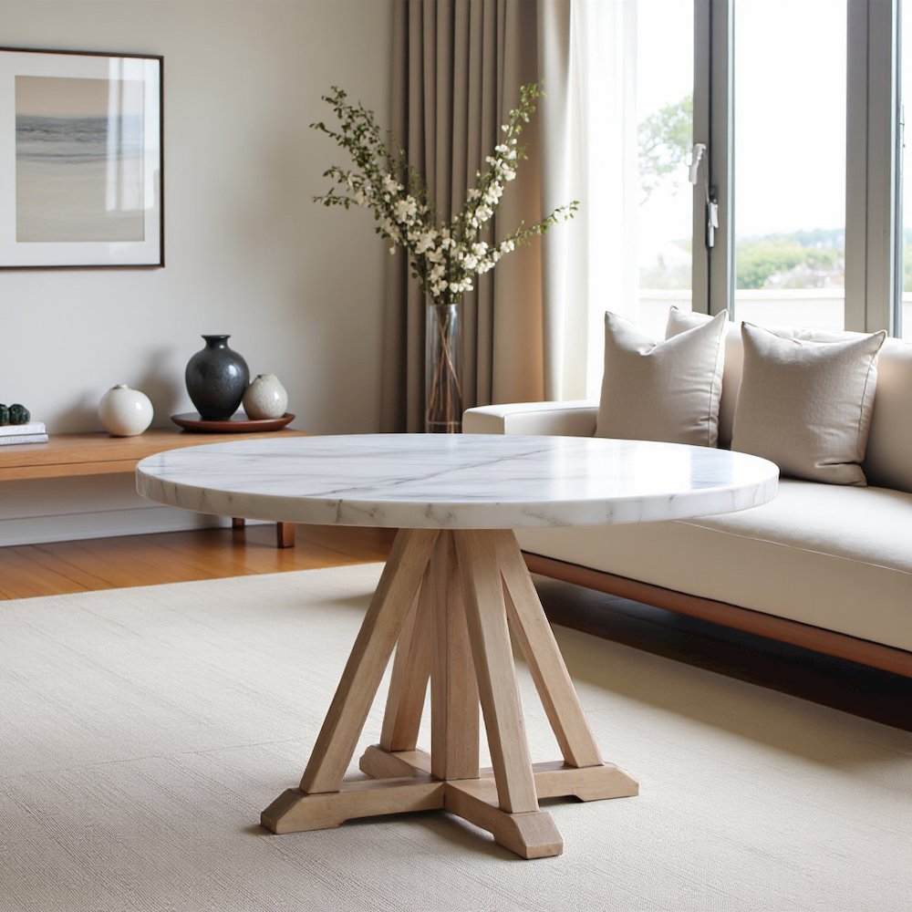 White Marble and Natural Wood Round Dining Table for Kitchen or Dining Room. Picture 7