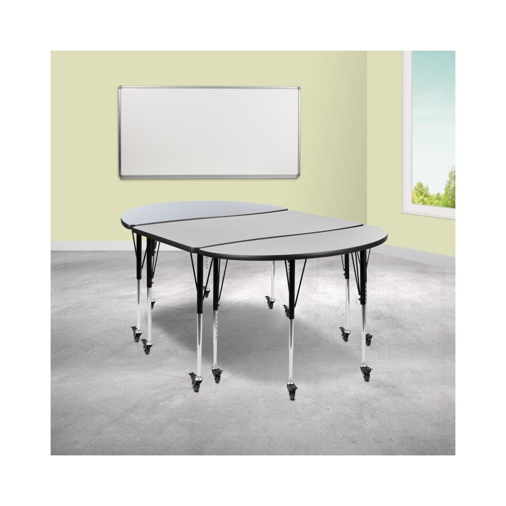 3 Piece Mobile 76" Oval Wave Flexible Grey Thermal Laminate Activity Table Set-Standard Height Adjustable Legs. Picture 2