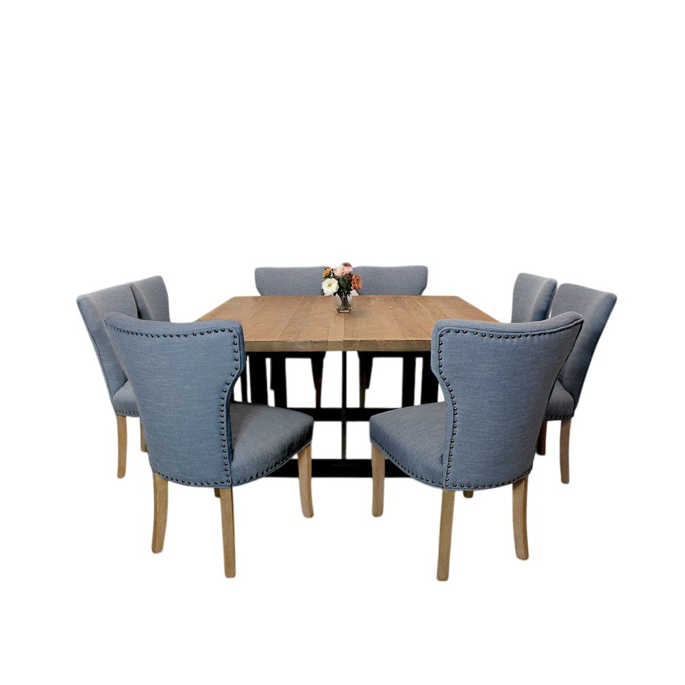 9-Piece Dining Set 8 Jill Dining Chairs in Denim Fabric Natural Legs. Picture 1