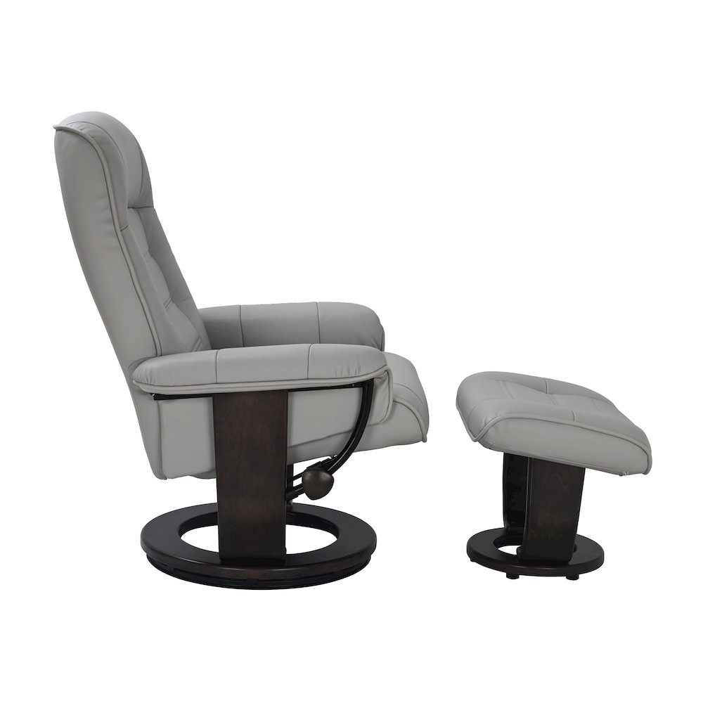 Scandinavian style leather / vinyl match recline chair & matching ottoman. Picture 3
