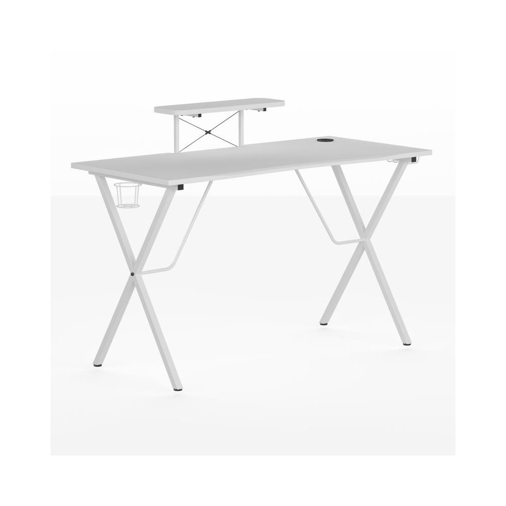 White Gaming Desk with Cup Holder, Headphone Hook, and Monitor/Smartphone Stand. Picture 1