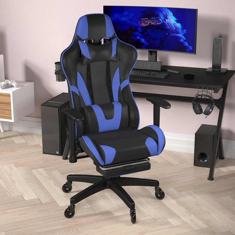 X30 Gaming Chair Racing Office Ergonomic Computer Chair with Fully Reclining Back and Slide-Out Footrest in Blue LeatherSoft. Picture 2