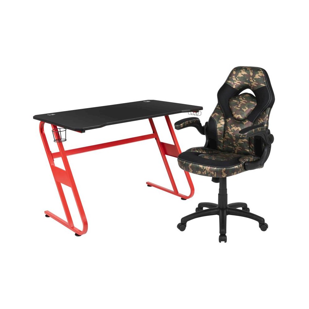 Red Gaming Desk and Camouflage/Black Racing Chair Set with Cup Holder and Headphone Hook. Picture 1