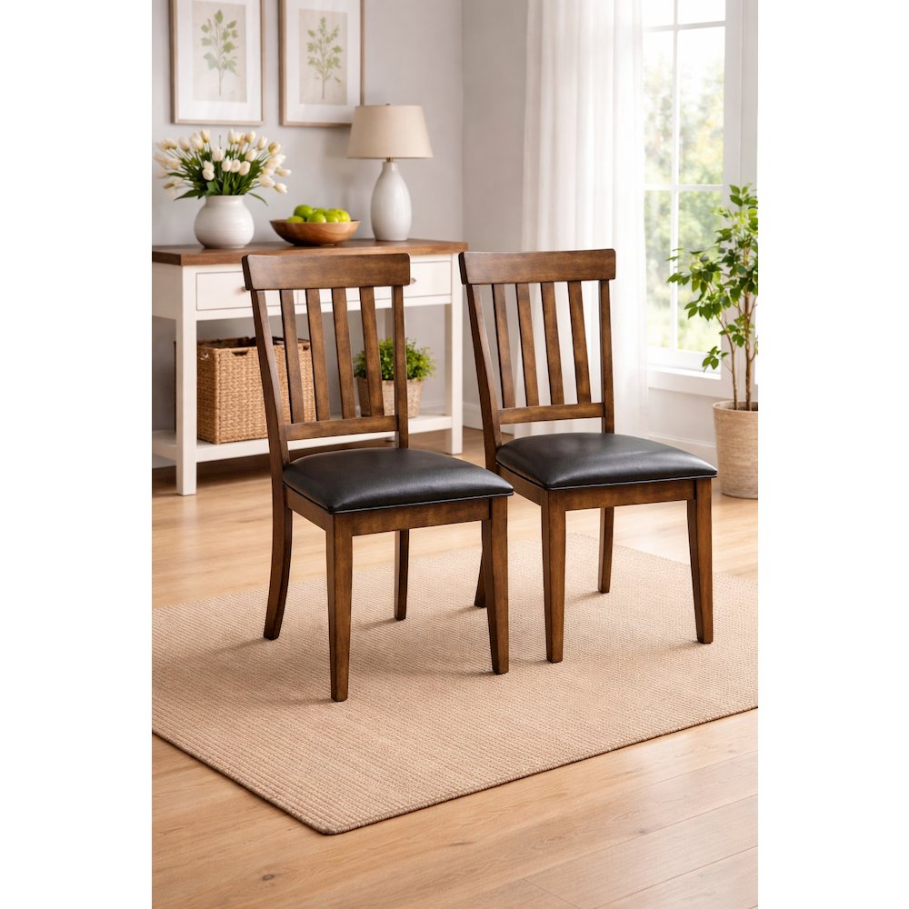 Rustic Whiskey Slatback Dining Chairs with Faux Leather Upholstery. Picture 2