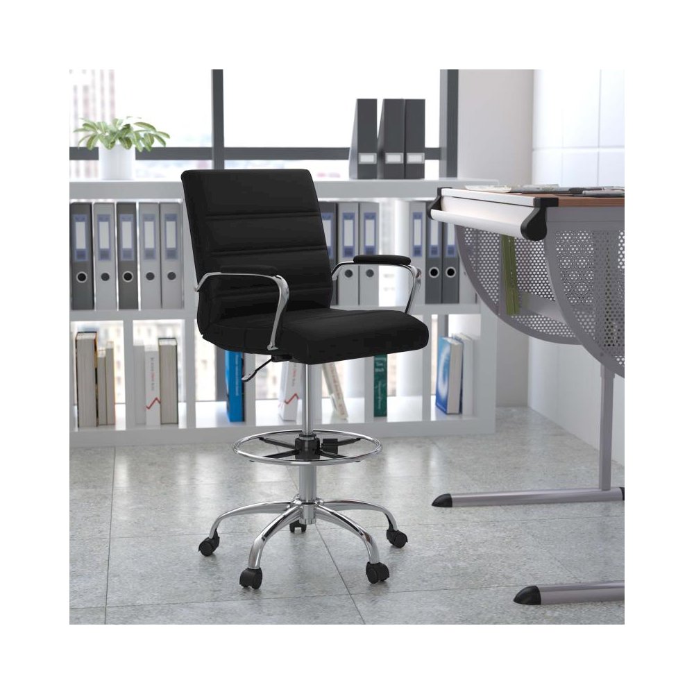 Mid-Back Black LeatherSoft Drafting Chair with Adjustable Foot Ring and Chrome Base. Picture 2