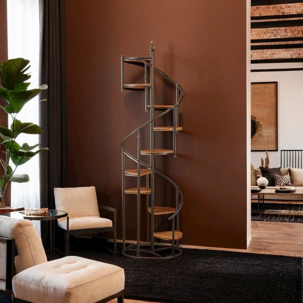 Stylish 8-Shelf Spiral Staircase Bookcase in Rustic Brown and Black Finish. Picture 5